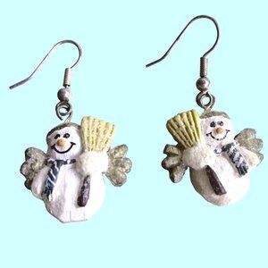Snowman Angel Earrings White Broom Dangle Drop Winter Holiday Jewelry